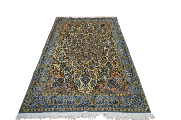 Tapis Ghom ancien en laine – Iran – 231 x 141 cm – Bleu & Jaune