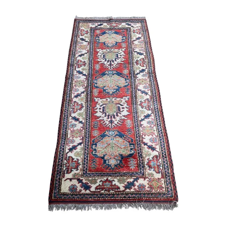 Galerie Kazak – 204 x 83 cm – Tapis de couloir caucasien aux motifs géométriques