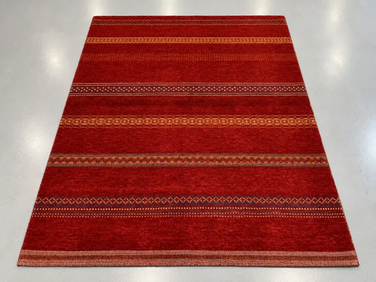 Tapis moderne et contemporain fait à la main – Motifs géométriques rouges – 214 × 157 cm