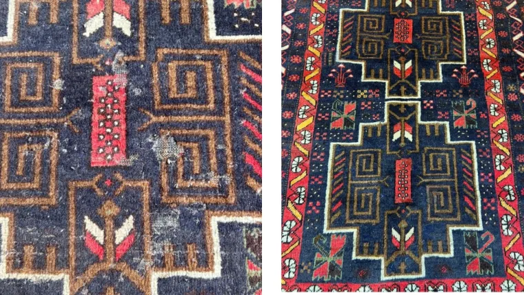 Intervention sur un tapis Afghan Baloutche à Paris 5e : restauration artisanale et ravivage des couleurs