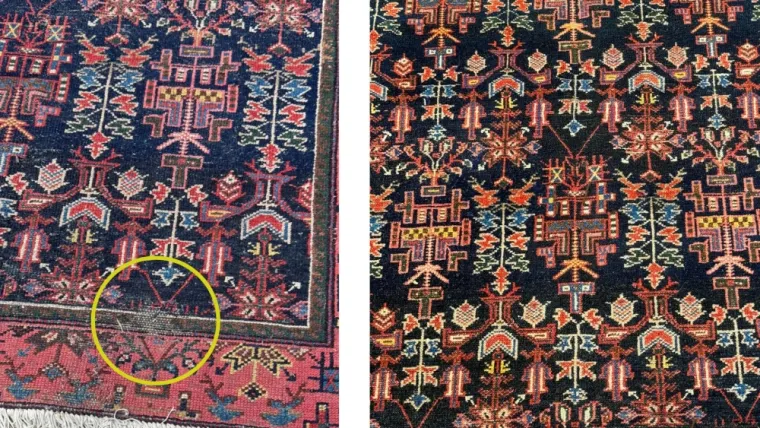 Un tapis ancien d’Iran (Hamadan) sauvé de justesse grâce à notre atelier