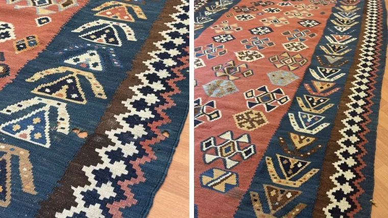 Réparation d’un Kilim ancien à Saint-Germain-en-Laye : restauration des trous et zones endommagées
