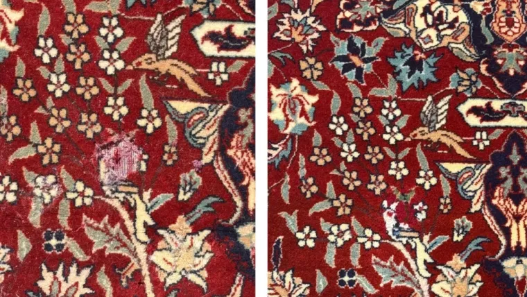 Restauration d’un tapis indien à motifs floraux et animaliers à Boulogne-Billancourt