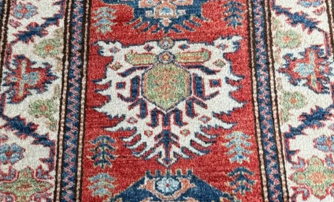 Galerie Kazak – 204 x 83 cm – Tapis de couloir caucasien aux motifs géométriques