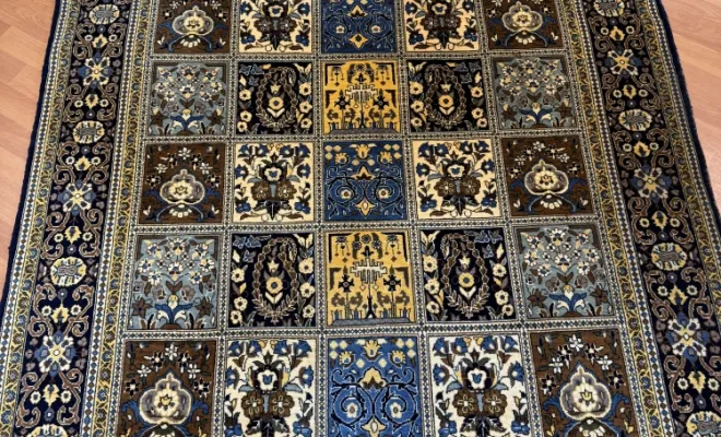 Tapis Ghom iranien en laine à motif caissons – 211 × 143 cm