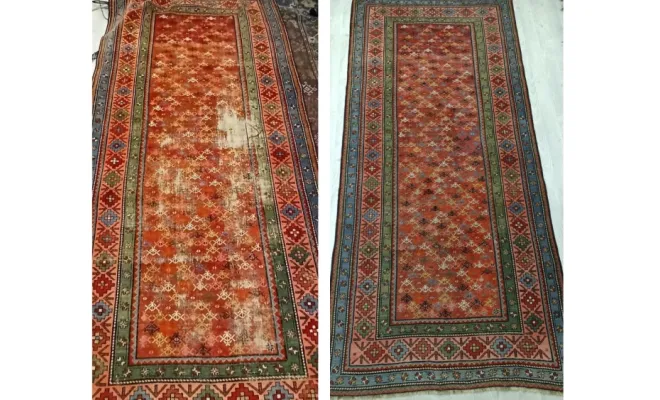 Tapis caucasien ancien Restauration minutieuse d’un tapis caucasien ancien fortement endommagé par une déchirure.