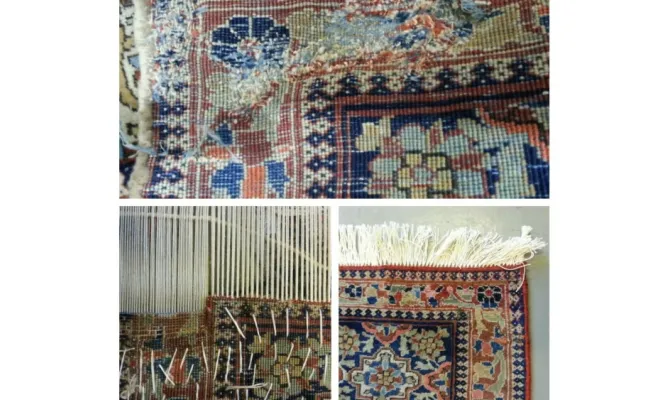 Tapis des Indes Restauration des lisières d’un tapis des Indes. Un travail précis pour retrouver des bordures harmonieuses.