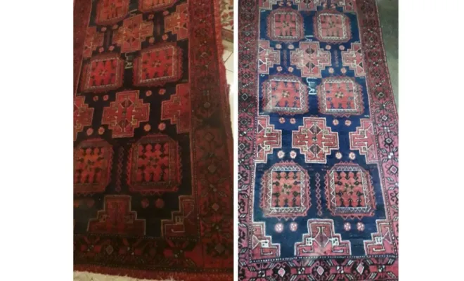 Tapis afghan Nettoyage d’un tapis afghan fortement terni. Les couleurs retrouvent leur éclat après un nettoyage en profondeur.