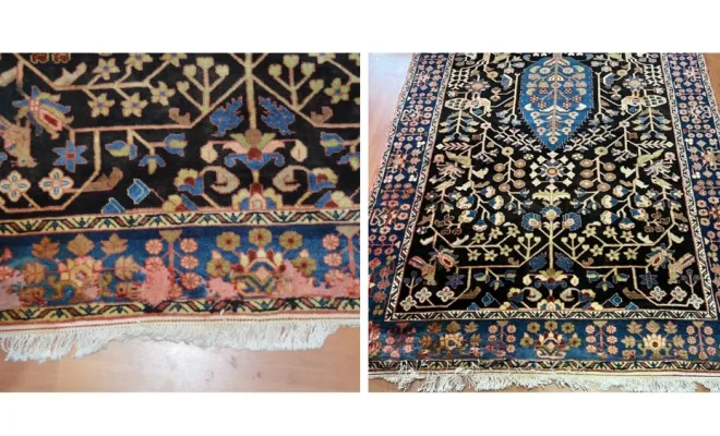 Tapis Nahavand — Iran Tapis iranien fortement endommagé par les mites. Restauration minutieuse des zones attaquées