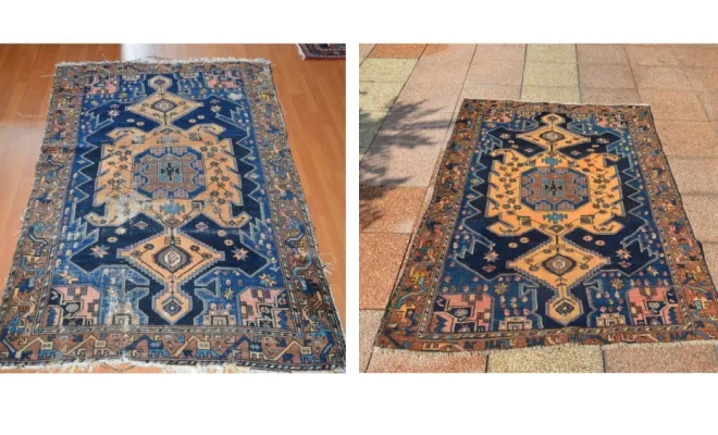 Tapis d’Iran — Hamadan Nettoyage d’un tapis Hamadan traditionnel d’Iran. Un nettoyage minutieux pour révéler toute la richesse de ses motifs.