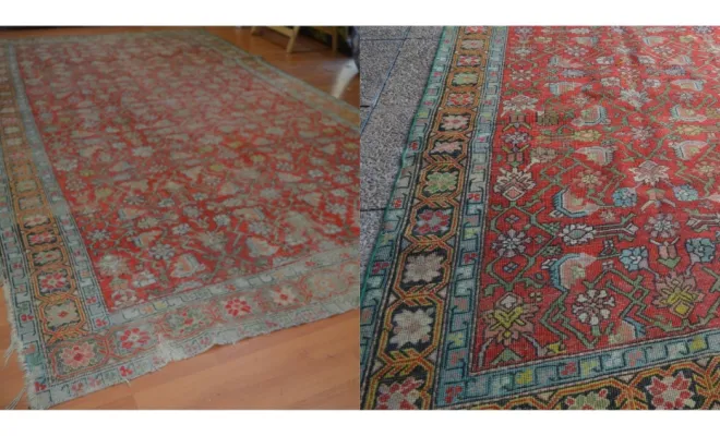 Tapis Heriz ancien — Iran Restauration des lisières d’un tapis Heriz ancien. Préservation du dessin et de la structure du tapis.