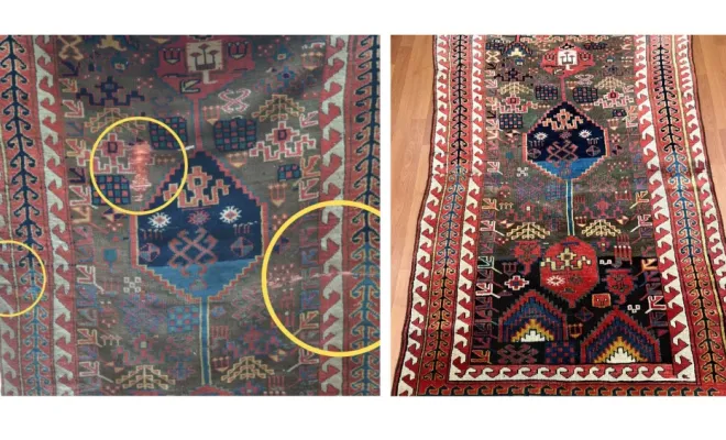 Tapis caucasien ancien Réparation d’un tapis caucasien ancien après une importante déchirure.