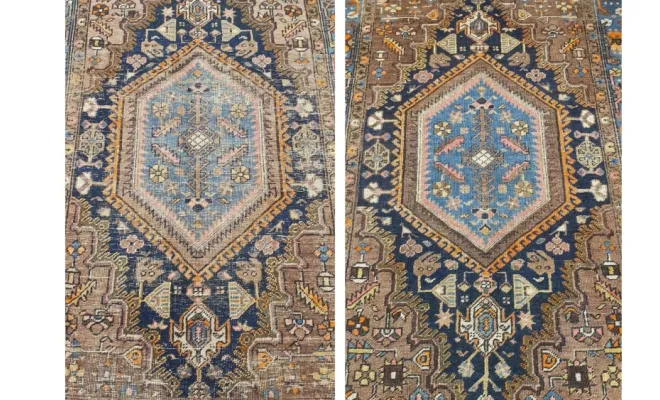Tapis Hamadan, Iran Nettoyage du tapis et rajout de laine sur les zones usées afin de lui redonner toute sa tenue.