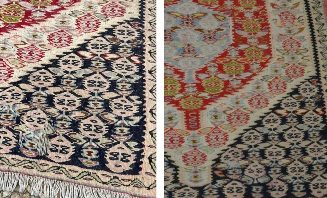 Kilim ancien Restauration d’un trou causé par les mites sur ce kilim ancien, avec reprise minutieuse du tissage.