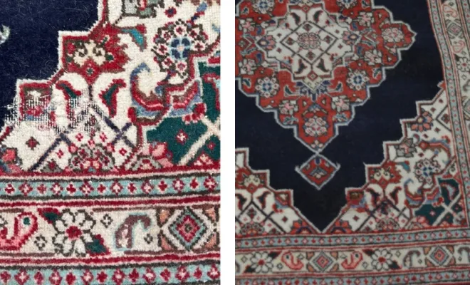 Tapis traditionnel — Iran Tapis iranien endommagé par les mites. Traitement et restauration des parties abîmées.