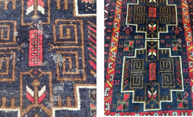 Tapis Baloutche — Afghanistan Tapis Baloutche fortement attaqué par les mites. Restauration des zones endommagées dans le respect du tapis