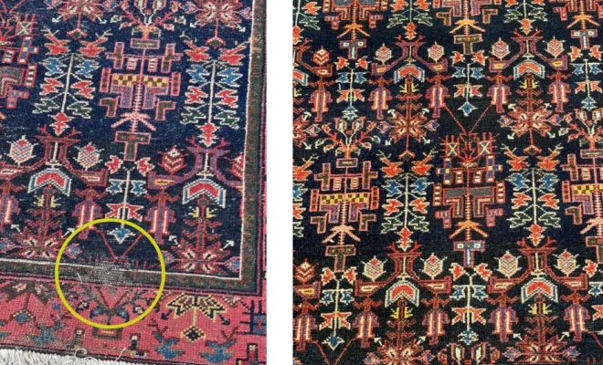 Hamadan ancien Réparation et consolidation d’une zone endommagée par les mites sur ce Hamadan ancien, avec restauration minutieuse du tissage.