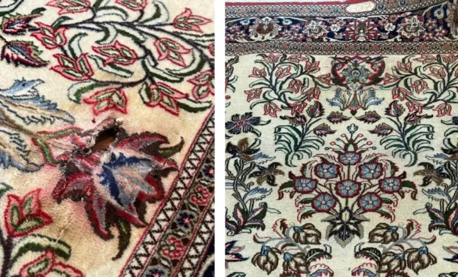 Nettoyage et restauration d’une zone fortement abîmée sur un tapis Ghom en laine iranien.
