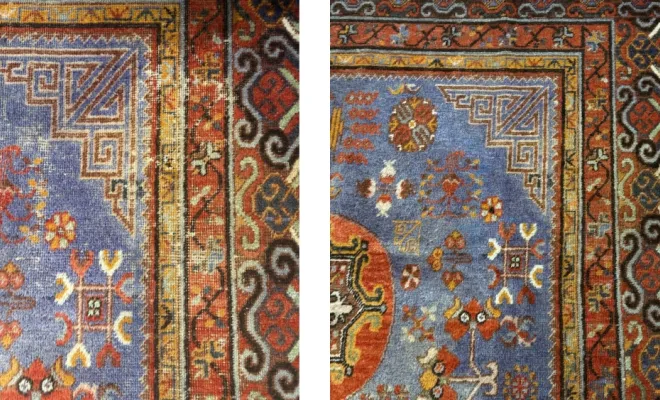 Tapis contemporain Nettoyage complet et rajout de laine sur les zones usées afin de redonner au tapis toute sa beauté.