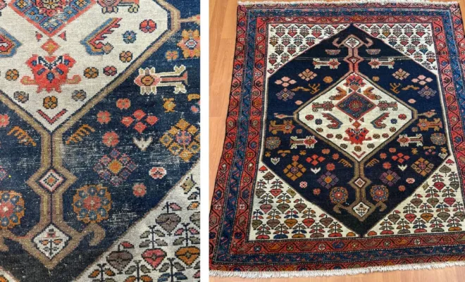 Tapis tribal — Iran Tapis tribal iranien endommagé par les mites. Traitement et restauration pour lui redonner son aspect d’origine.