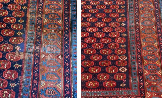 Tapis caucasien ancien Nettoyage et réparation d’une importante zone abîmée sur ce tapis caucasien ancien, avec reprise minutieuse du tissage.