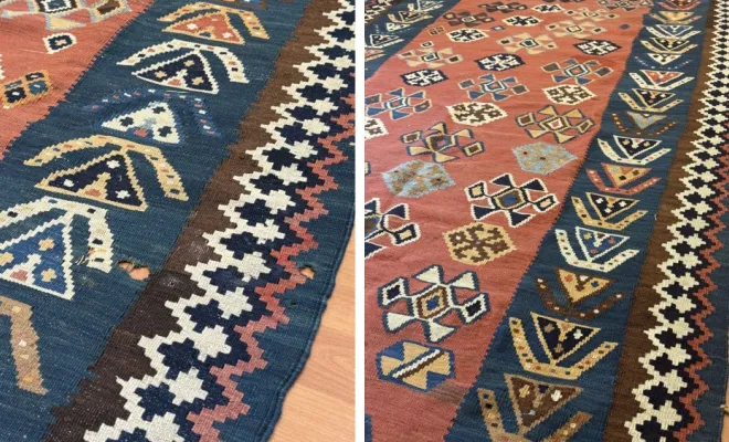 Kilim ancien Restauration d’un kilim ancien présentant une déchirure, dans le respect de son tissage.