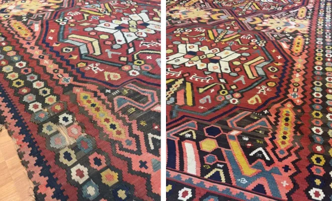 Kilim ancien Restauration des bordures d’un kilim ancien. Une finition soignée dans le respect de son caractère.