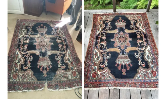Tapis Melayer — Iran Restauration des lisières d’un tapis Melayer iranien. Reprise minutieuse des bordures du tapis.