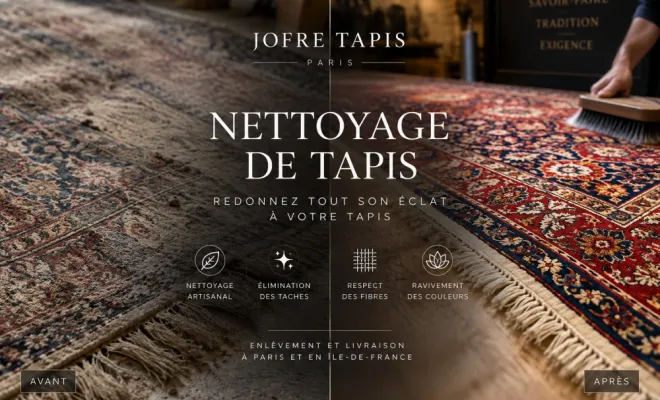 NETTOYAGE DE TAPIS Avant / Après Redonnez tout son éclat à votre tapis grâce à un nettoyage artisanal adapté à ses fibres, ses couleurs et son histoire. Jofre Tapis — Paris & Île-de-France