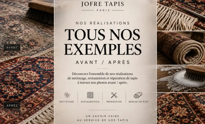 Tous nos exemples de réalisations en images : nettoyage, restauration et réparation de tapis.