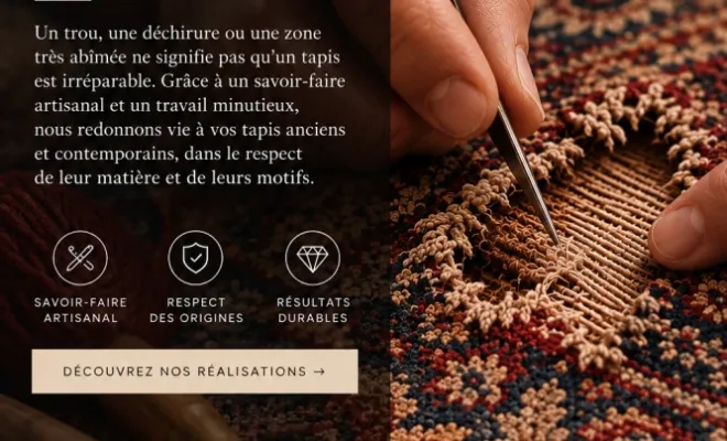Un trou, une déchirure ou une zone fortement usée n’est pas une fatalité. Grâce à un savoir-faire artisanal et à des techniques de restauration précises, nous redonnons vie aux tapis abîmés, tout en respectant leur matière, leur structure et leur histoire. Découvrez quelques-unes de nos réparations, en images avant et après.